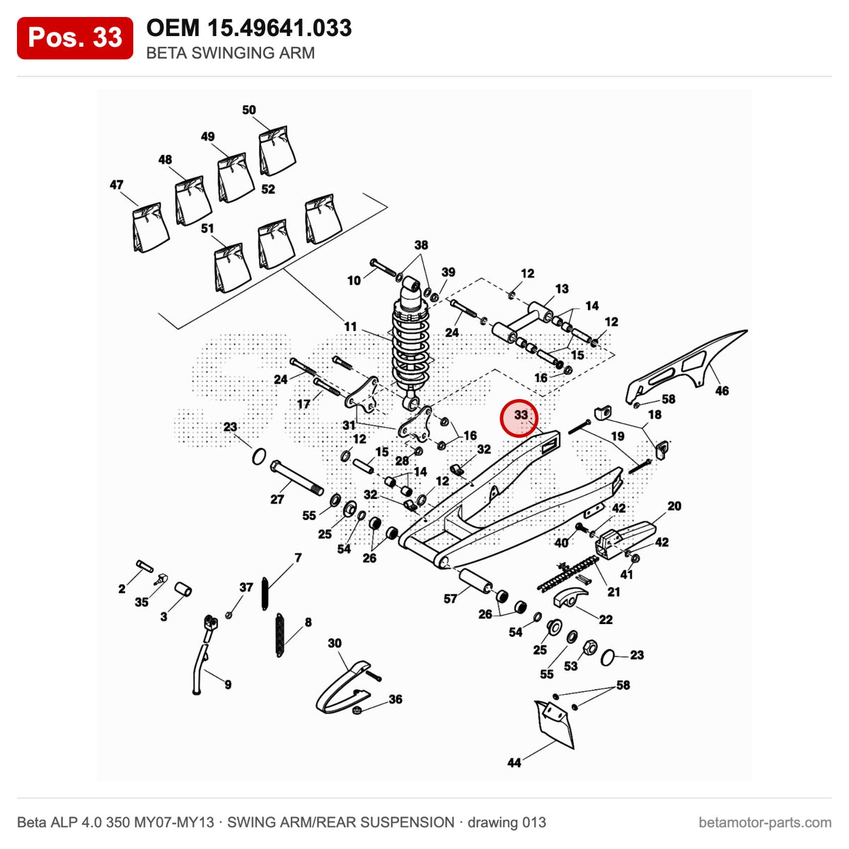 BETA SWINGING ARM – OEM 15.49641.033, position 33 on the Beta ALP 4.0 350 MY07-MY13 swing arm/rear suspension drawing