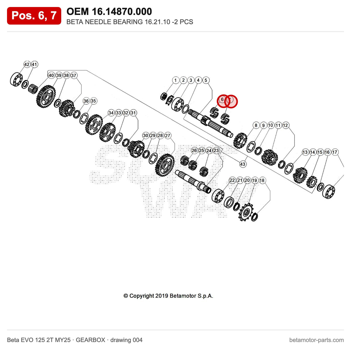 BETA NEEDLE BEARING 16.21.10 -2 PCS – OEM 16.14870.000, positions 6,7 on the Beta EVO 125 2T MY25 gearbox drawing
