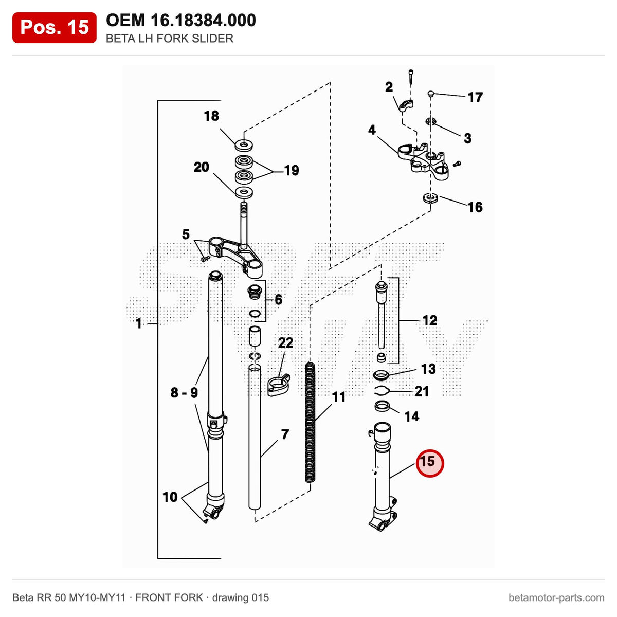 BETA LH FORK SLIDER – OEM 16.18384.000, position 15 on the Beta RR 50 MY10-MY11 front fork drawing