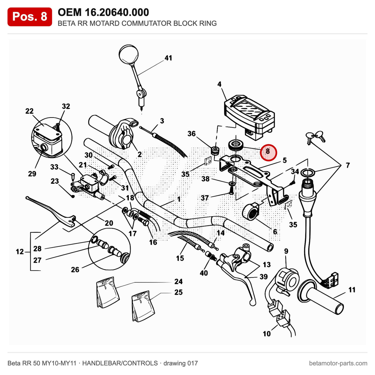 BETA RR MOTARD COMMUTATOR BLOCK RING – OEM 16.20640.000, position 8 on the Beta RR 50 MY10-MY11 handlebar/controls drawing
