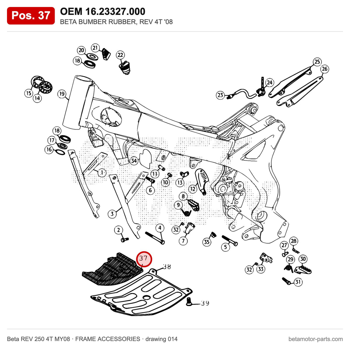 BETA BUMBER RUBBER, REV 4T '08 – OEM 16.23327.000, position 37 on the Beta REV 250 4T MY08 frame accessories drawing