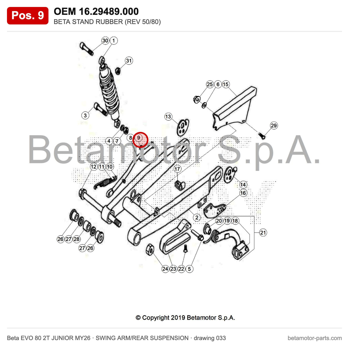 BETA STAND RUBBER (REV 50/80) – OEM 16.29489.000, position 9 on the Beta EVO 80 2T JUNIOR MY26 swing arm/rear suspension drawing