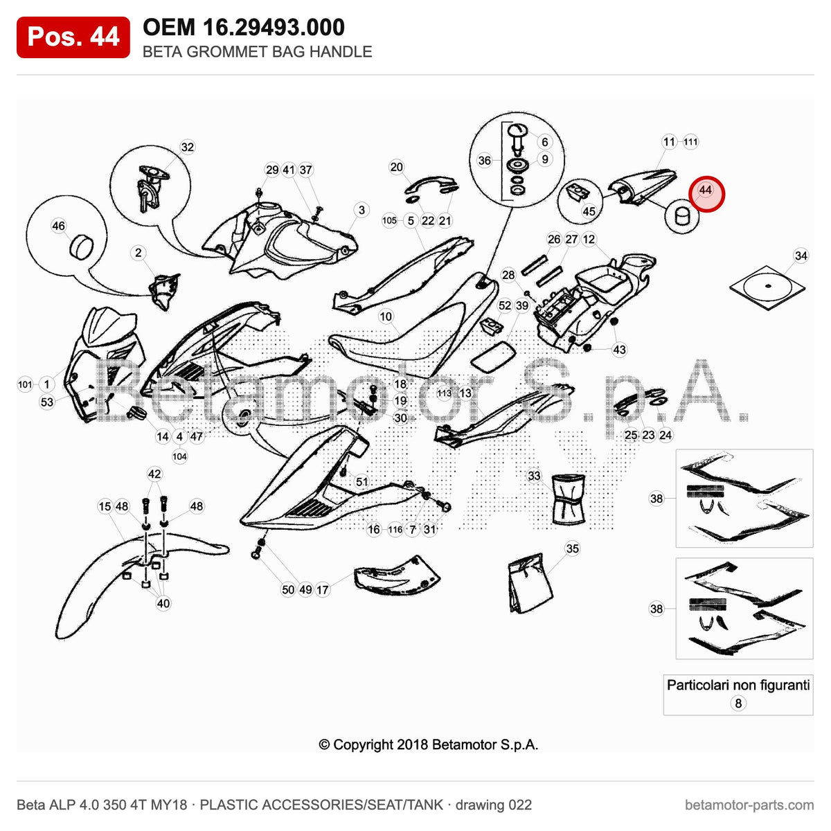 BETA GROMMET BAG HANDLE – OEM 16.29493.000, position 44 on the Beta ALP 4.0 350 4T MY18 plastic accessories/seat/tank drawing