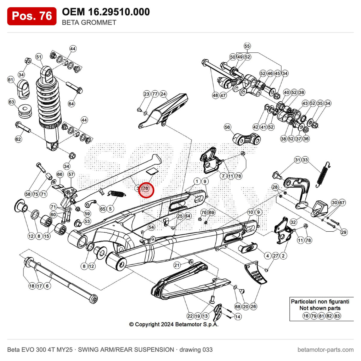 BETA GROMMET – OEM 16.29510.000, position 76 on the Beta EVO 300 4T MY25 swing arm/rear suspension drawing