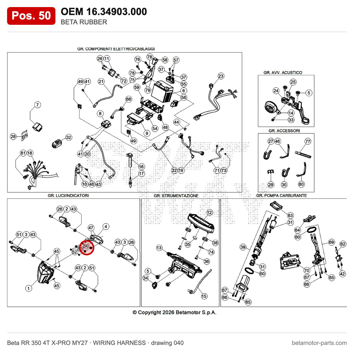 BETA RUBBER – OEM 16.34903.000, position 50 on the Beta RR 350 4T X-PRO MY27 wiring harness drawing