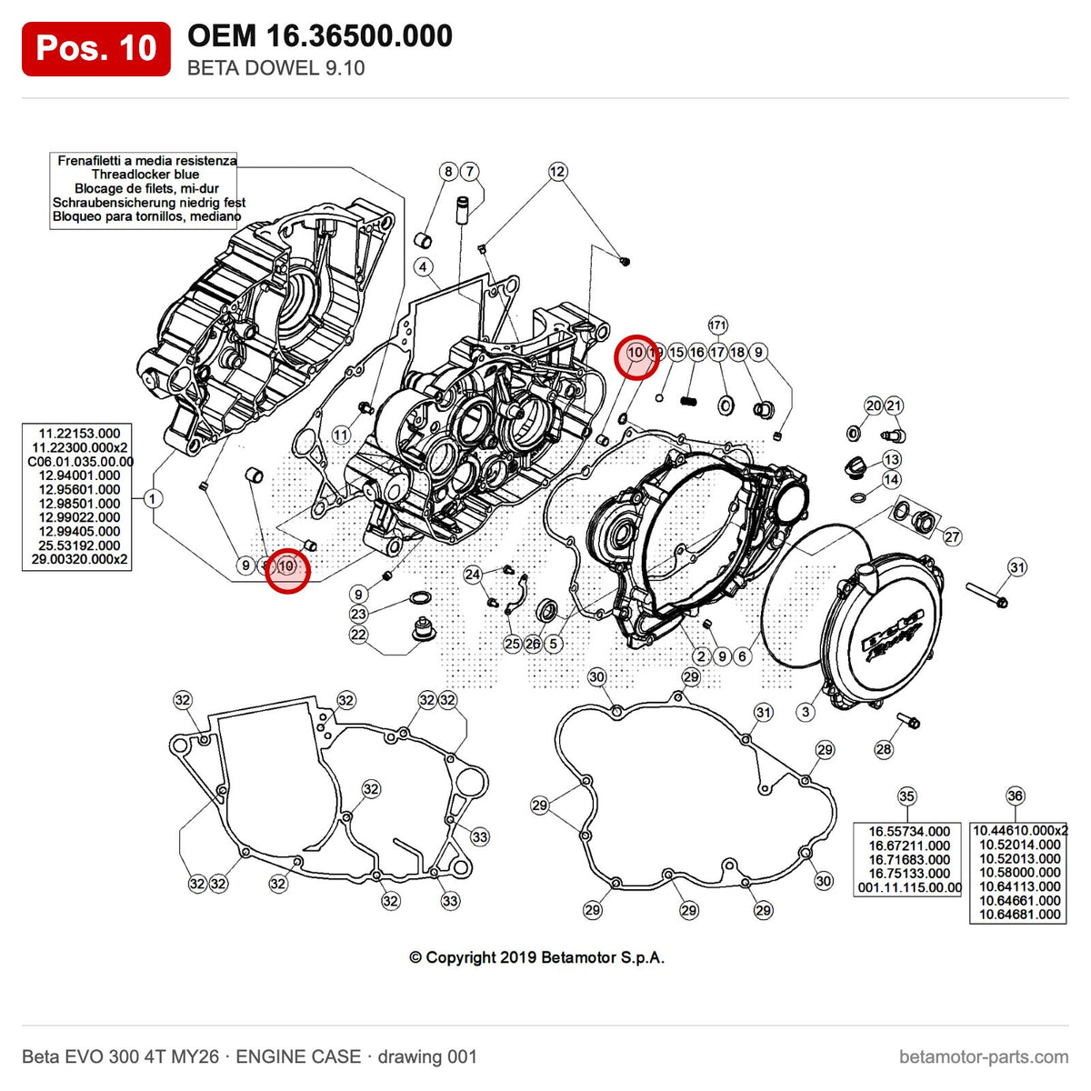 BETA DOWEL 9.10 – OEM 16.36500.000, position 10 on the Beta EVO 300 4T MY26 engine case drawing