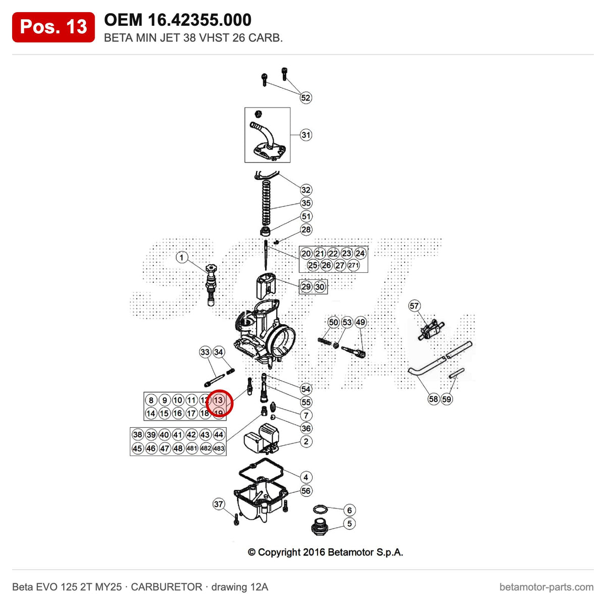 BETA MIN JET 38 VHST 26 CARB. – OEM 16.42355.000, position 13 on the Beta EVO 125 2T MY25 carburetor drawing