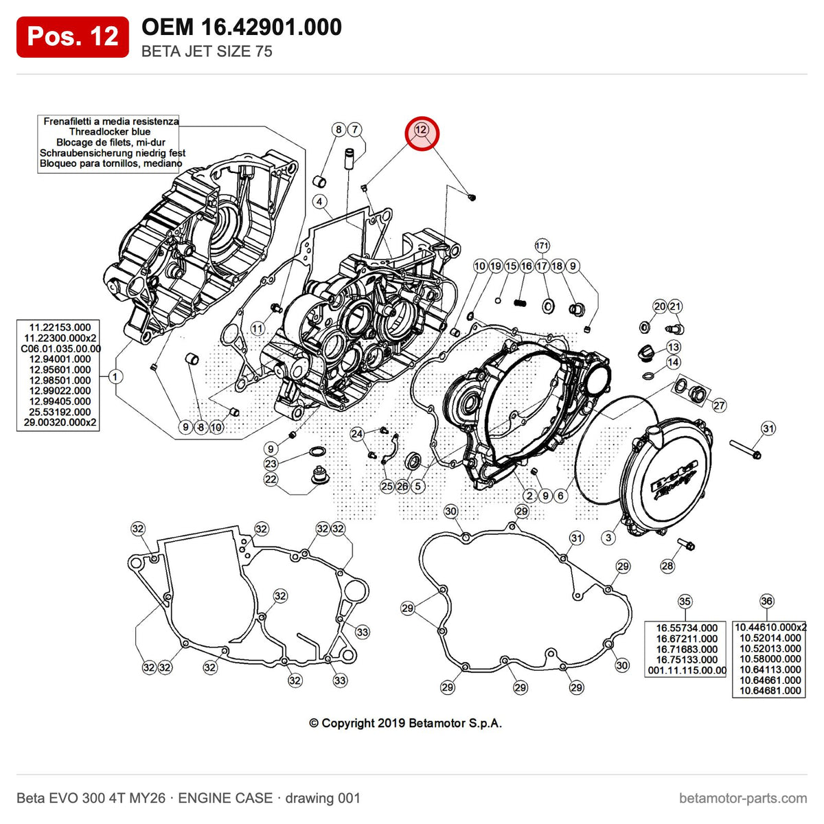 BETA JET SIZE 75 – OEM 16.42901.000, position 12 on the Beta EVO 300 4T MY26 engine case drawing