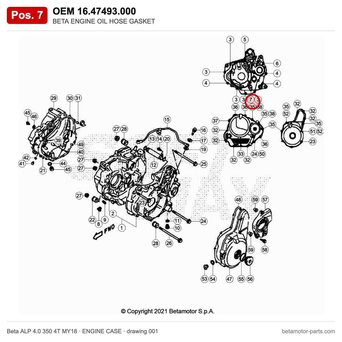BETA ENGINE OIL HOSE GASKET – OEM 16.47493.000, position 7 on the Beta ALP 4.0 350 4T MY18 engine case drawing
