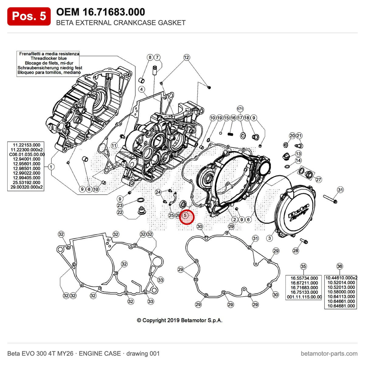 BETA EXTERNAL CRANKCASE GASKET – OEM 16.71683.000, position 5 on the Beta EVO 300 4T MY26 engine case drawing