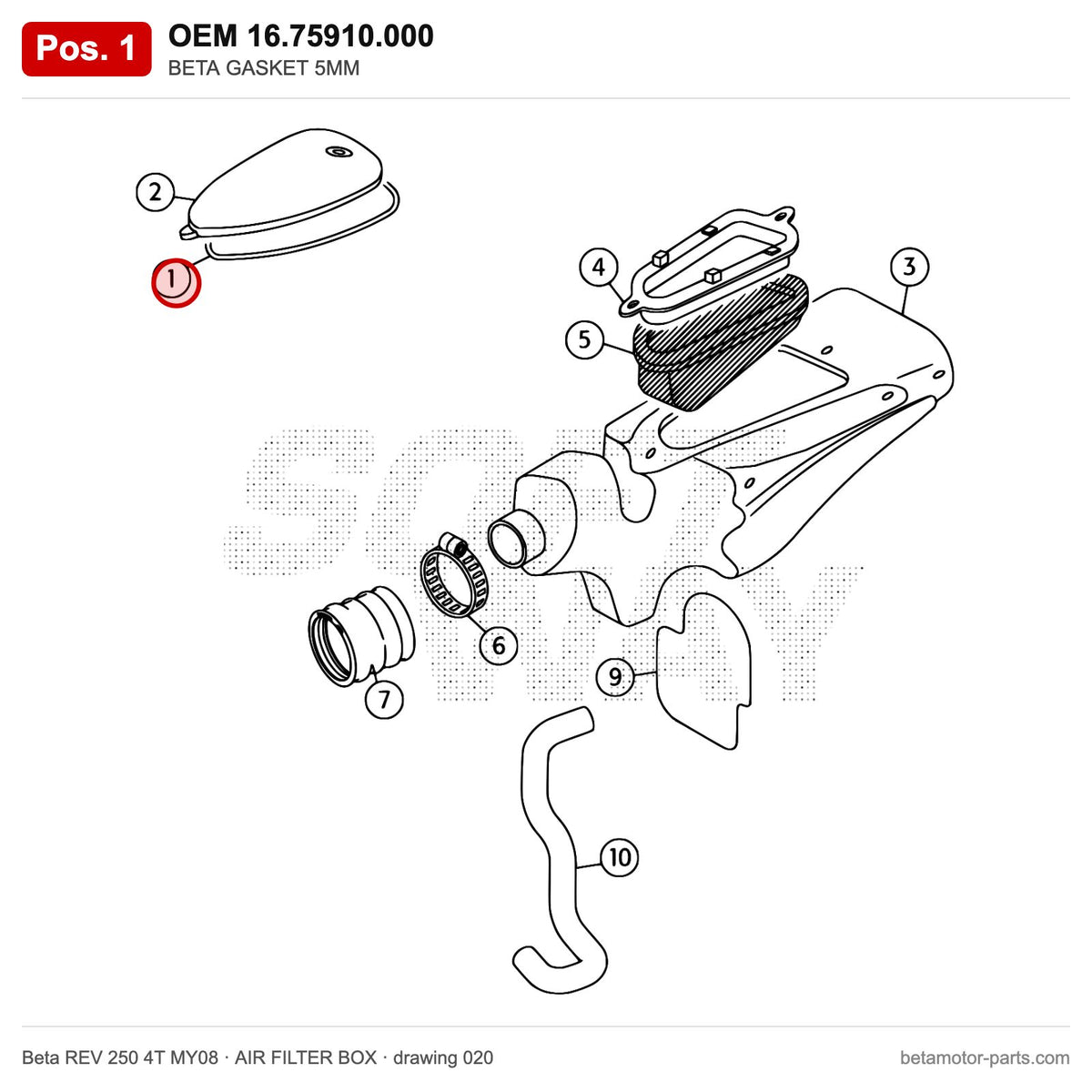 BETA GASKET 5MM – OEM 16.75910.000, position 1 on the Beta REV 250 4T MY08 air filter box drawing