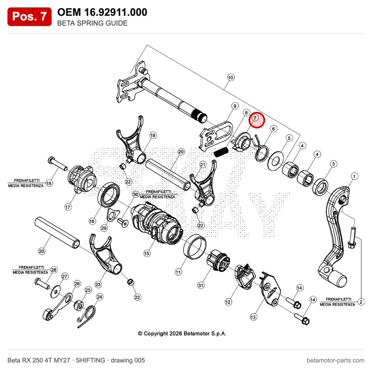 BETA SPRING GUIDE – OEM 16.92911.000, position 7 on the Beta RX 250 4T MY27 shifting drawing