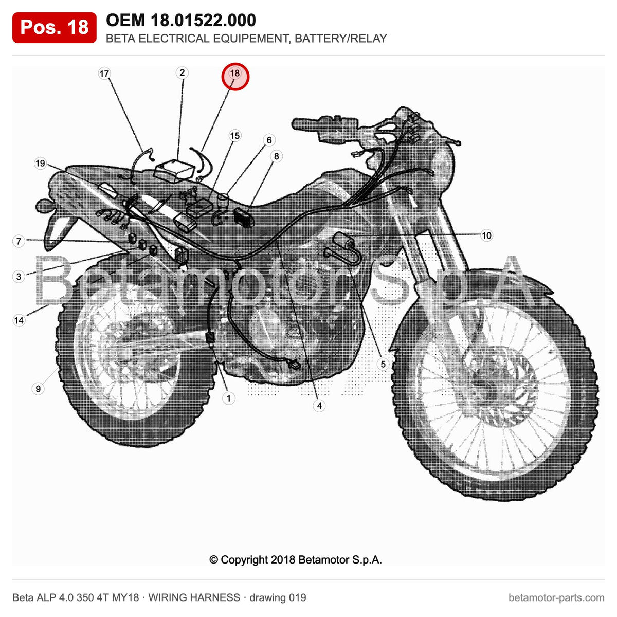 BETA ELECTRICAL EQUIPEMENT, BATTERY/RELAY – OEM 18.01522.000, position 18 on the Beta ALP 4.0 350 4T MY18 wiring harness drawing