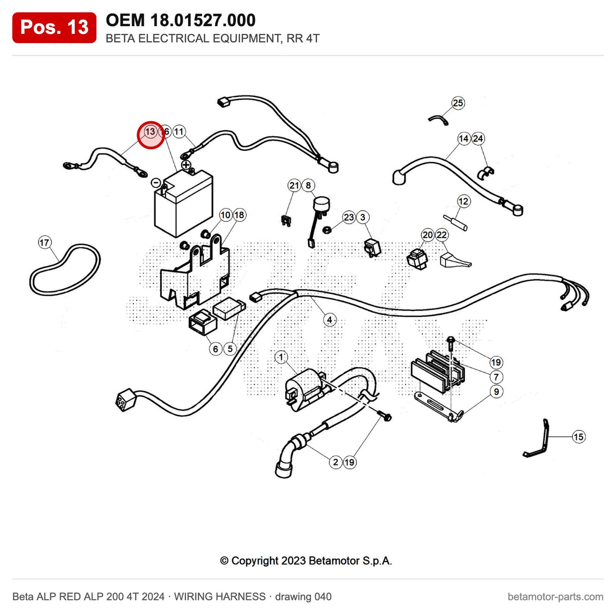 BETA ELECTRICAL EQUIPMENT, RR 4T – OEM 18.01527.000, position 13 on the Beta ALP RED ALP 200 4T 2024 wiring harness drawing