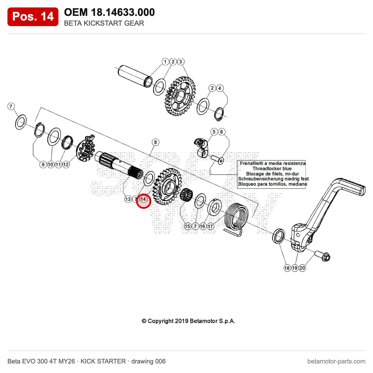 BETA KICKSTART GEAR – OEM 18.14633.000, position 14 on the Beta EVO 300 4T MY26 kick starter drawing