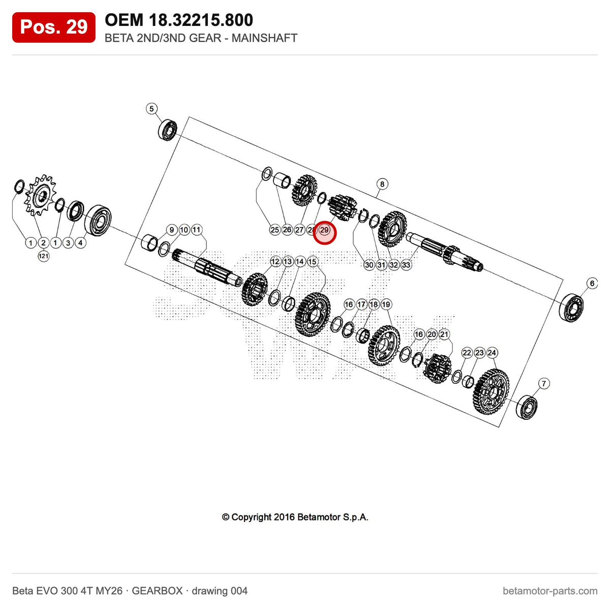 BETA 2ND/3ND GEAR - MAINSHAFT – OEM 18.32215.800, position 29 on the Beta EVO 300 4T MY26 gearbox drawing