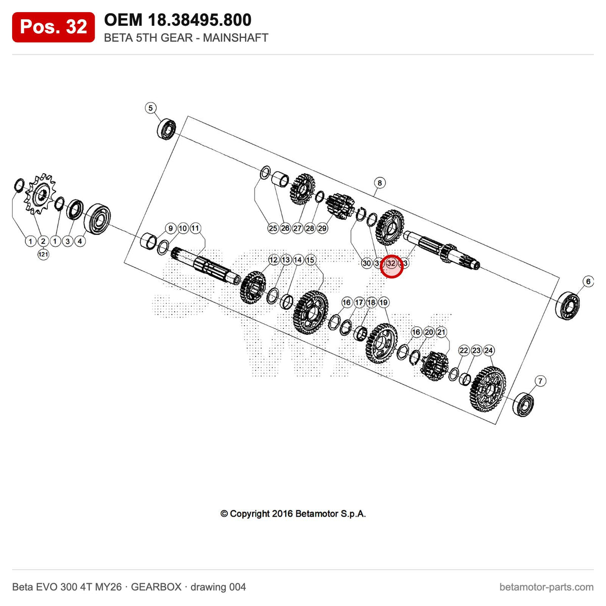 BETA 5TH GEAR - MAINSHAFT – OEM 18.38495.800, position 32 on the Beta EVO 300 4T MY26 gearbox drawing