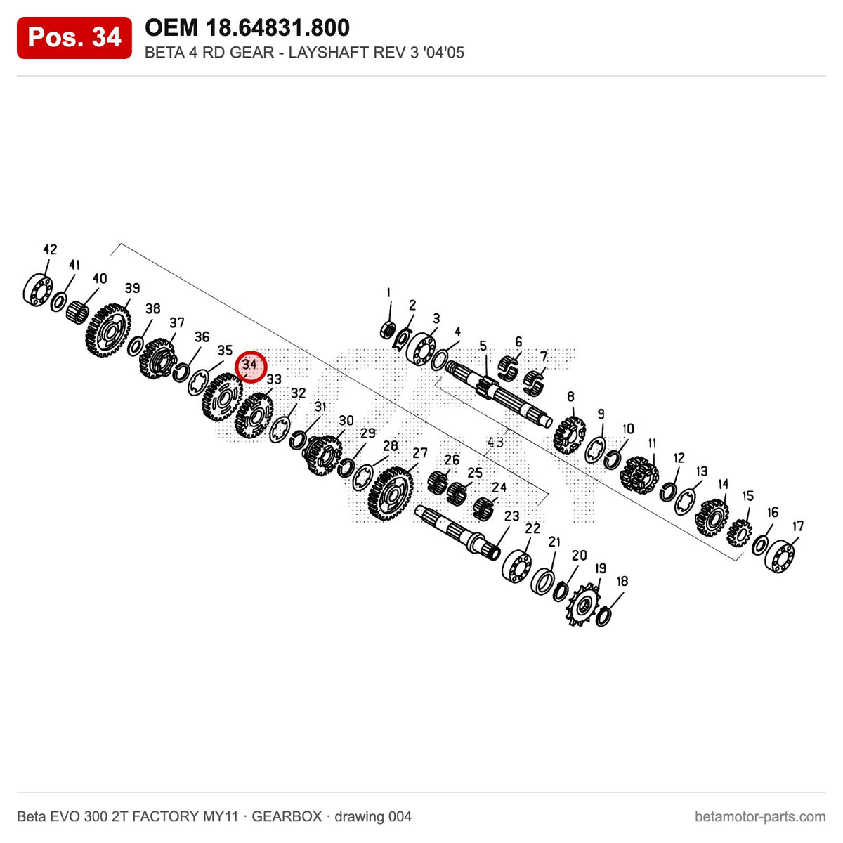 BETA 4 RD GEAR - LAYSHAFT REV 3 '04'05 – OEM 18.64831.800, position 34 on the Beta EVO 300 2T FACTORY MY11 gearbox drawing