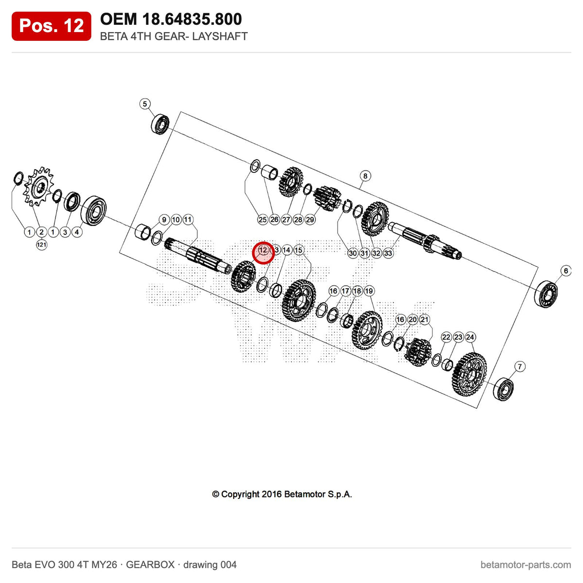BETA 4TH GEAR- LAYSHAFT – OEM 18.64835.800, position 12 on the Beta EVO 300 4T MY26 gearbox drawing