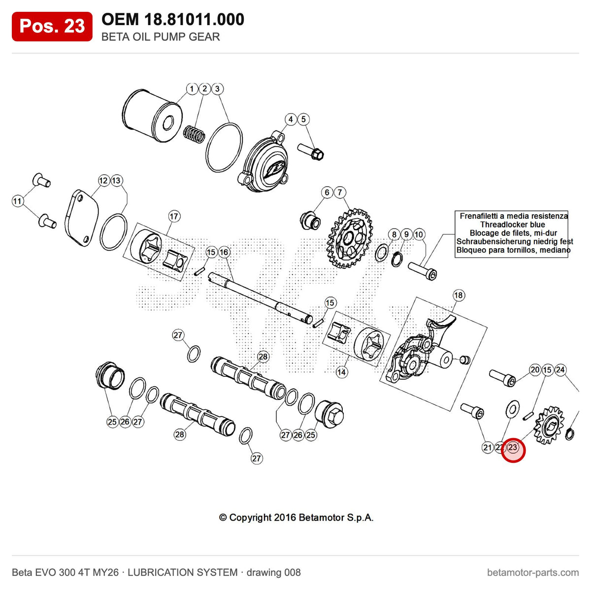 BETA OIL PUMP GEAR – OEM 18.81011.000, position 23 on the Beta EVO 300 4T MY26 lubrication system drawing