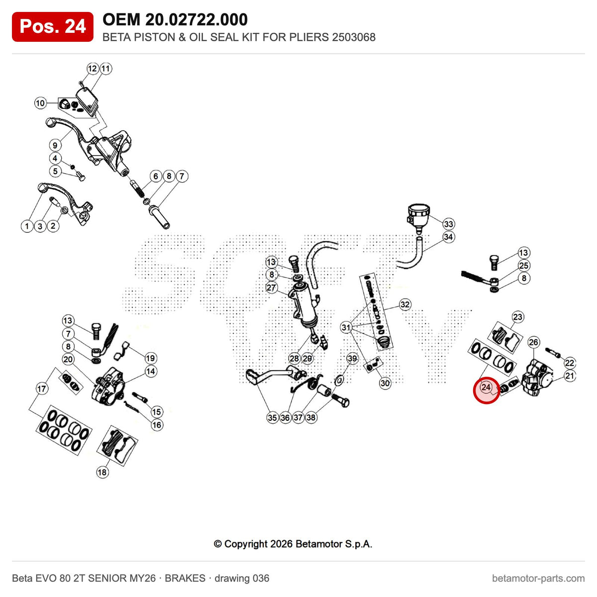 BETA PISTON & OIL SEAL KIT FOR PLIERS 2503068 – OEM 20.02722.000, position 24 on the Beta EVO 80 2T SENIOR MY26 brakes drawing