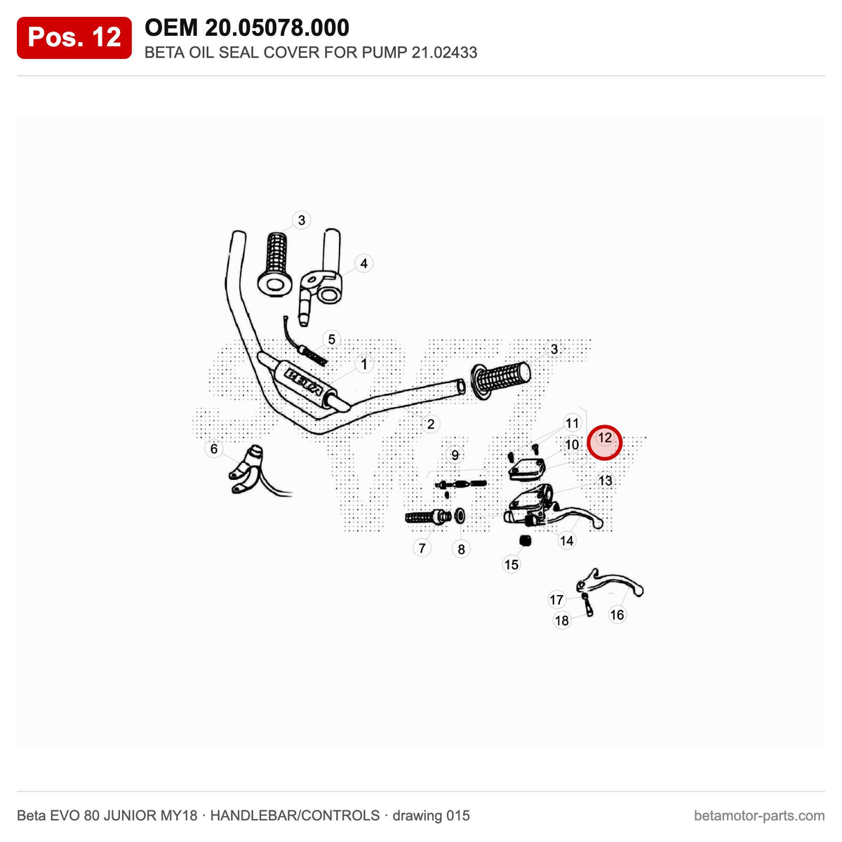 BETA OIL SEAL COVER FOR PUMP 21.02433 – OEM 20.05078.000, position 12 on the Beta EVO 80 JUNIOR MY18 handlebar/controls drawing