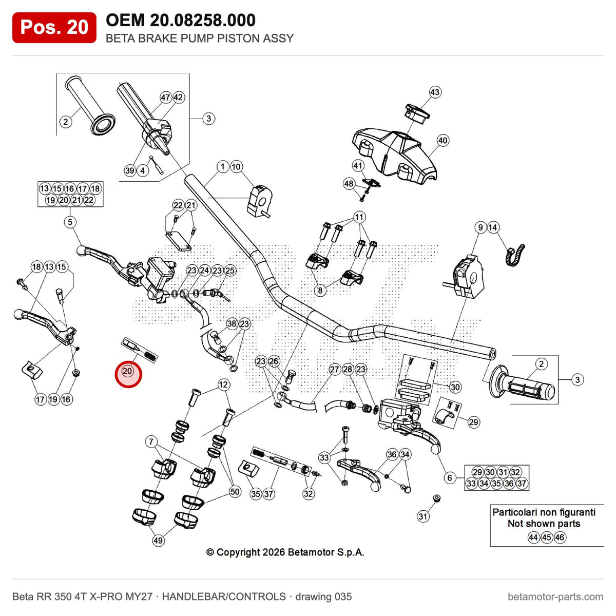 BETA BRAKE PUMP PISTON ASSY – OEM 20.08258.000, position 20 on the Beta RR 350 4T X-PRO MY27 handlebar/controls drawing
