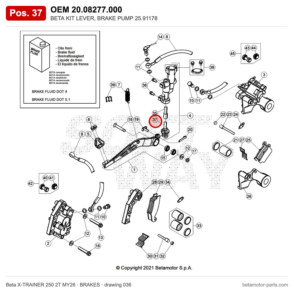 BETA KIT LEVER, BRAKE PUMP 25.91178 – OEM 20.08277.000, position 37 on the Beta X-TRAINER 250 2T MY26 brakes drawing