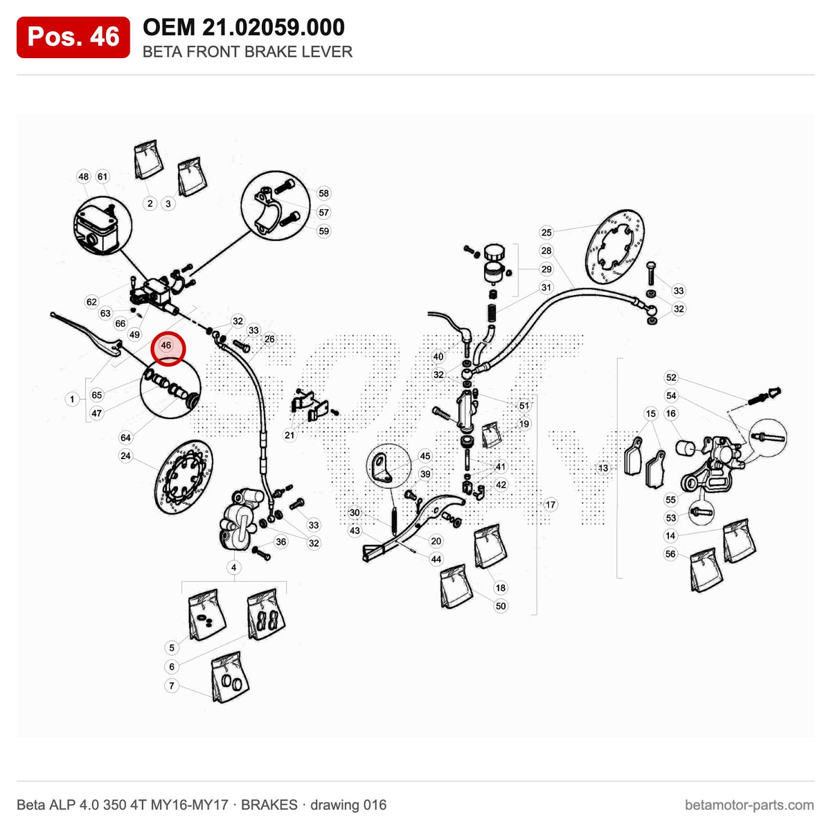BETA FRONT BRAKE LEVER – OEM 21.02059.000, position 46 on the Beta ALP 4.0 350 4T MY16-MY17 brakes drawing