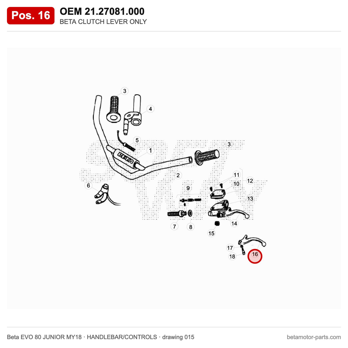 BETA CLUTCH LEVER ONLY – OEM 21.27081.000, position 16 on the Beta EVO 80 JUNIOR MY18 handlebar/controls drawing