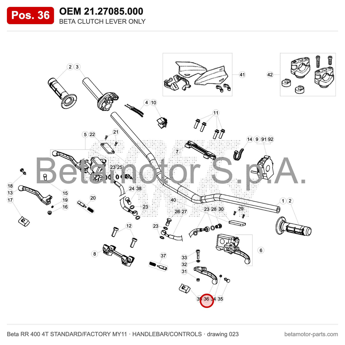 BETA CLUTCH LEVER ONLY – OEM 21.27085.000, position 36 on the Beta RR 400 4T STANDARD/FACTORY MY11 handlebar/controls drawing