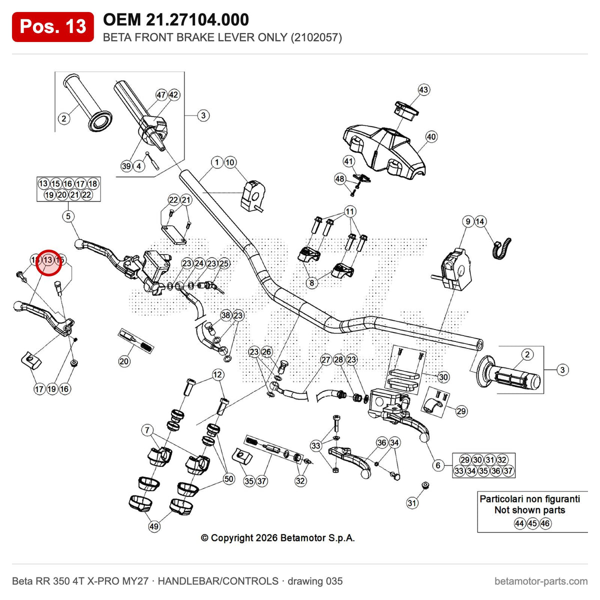 BETA FRONT BRAKE LEVER ONLY (2102057) – OEM 21.27104.000, position 13 on the Beta RR 350 4T X-PRO MY27 handlebar/controls drawing