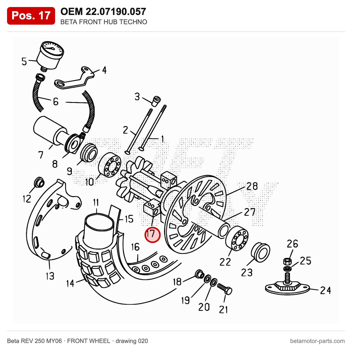 BETA FRONT HUB TECHNO – OEM 22.07190.057, position 17 on the Beta REV 250 MY06 front wheel drawing