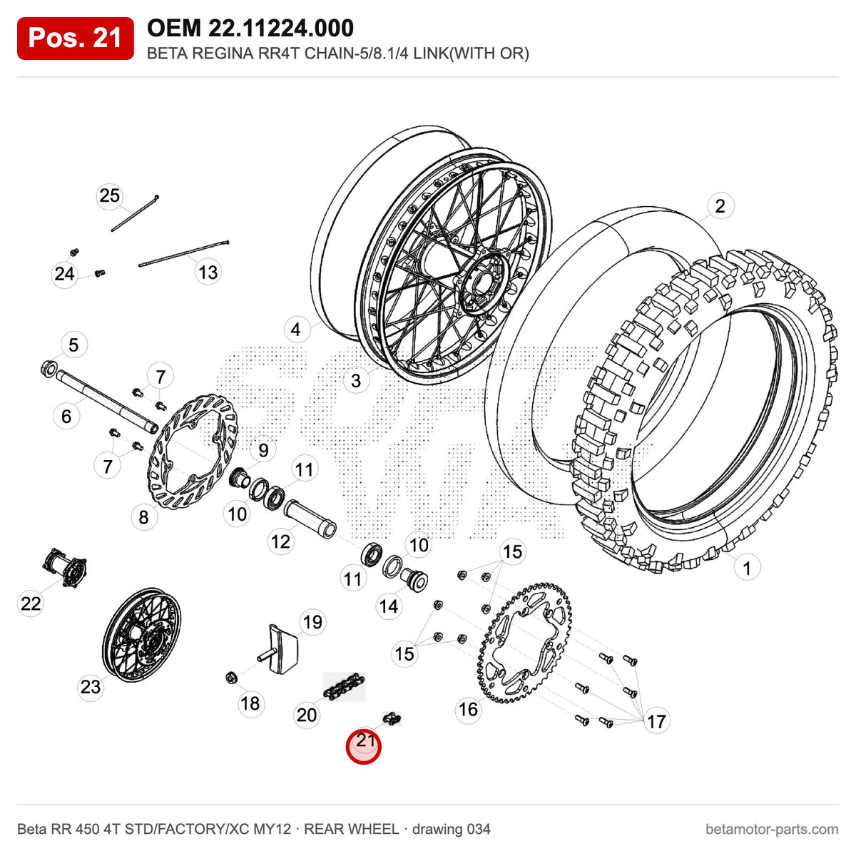 BETA REGINA RR4T CHAIN-5/8.1/4 LINK(WITH OR) – OEM 22.11224.000, position 21 on the Beta RR 450 4T STD/FACTORY/XC MY12 rear wheel drawing