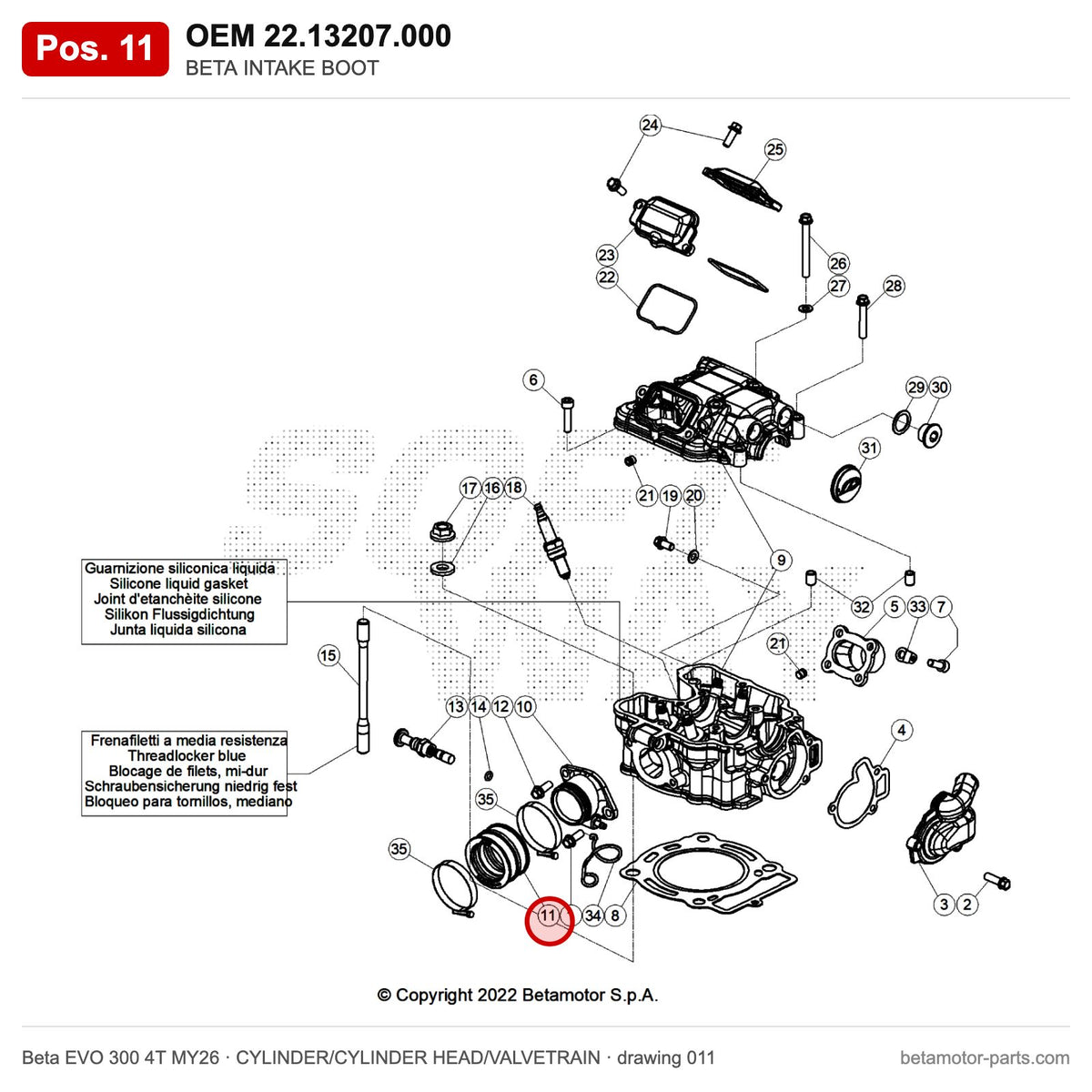 BETA INTAKE BOOT – OEM 22.13207.000, position 11 on the Beta EVO 300 4T MY26 cylinder/cylinder head/valvetrain drawing