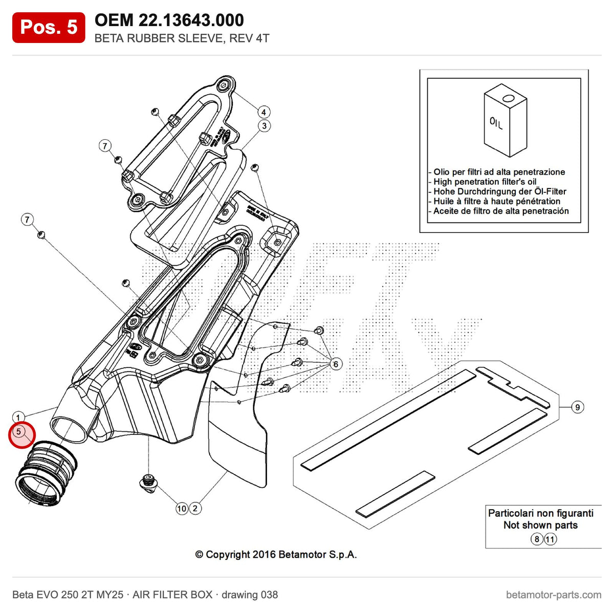 BETA RUBBER SLEEVE, REV 4T – OEM 22.13643.000, position 5 on the Beta EVO 250 2T MY25 air filter box drawing