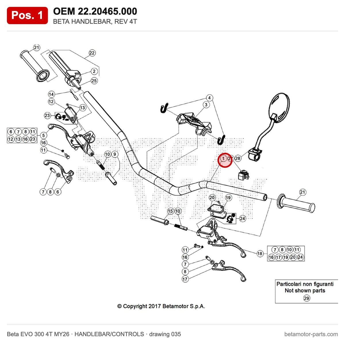 BETA HANDLEBAR, REV 4T – OEM 22.20465.000, position 1 on the Beta EVO 300 4T MY26 handlebar/controls drawing