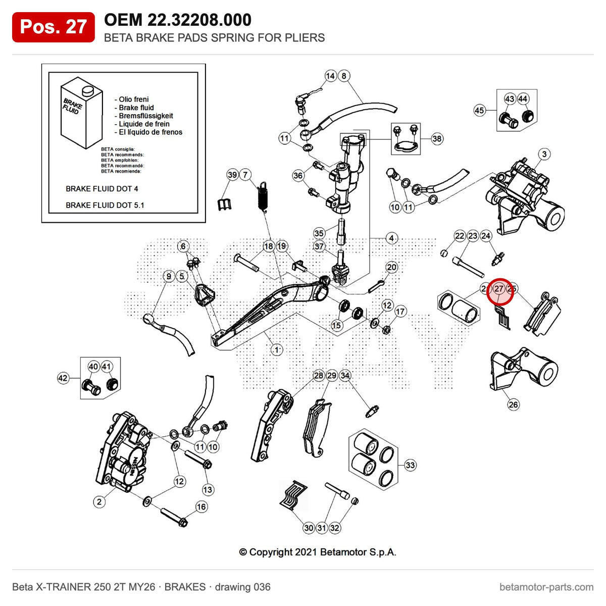 BETA BRAKE PADS SPRING FOR PLIERS – OEM 22.32208.000, position 27 on the Beta X-TRAINER 250 2T MY26 brakes drawing