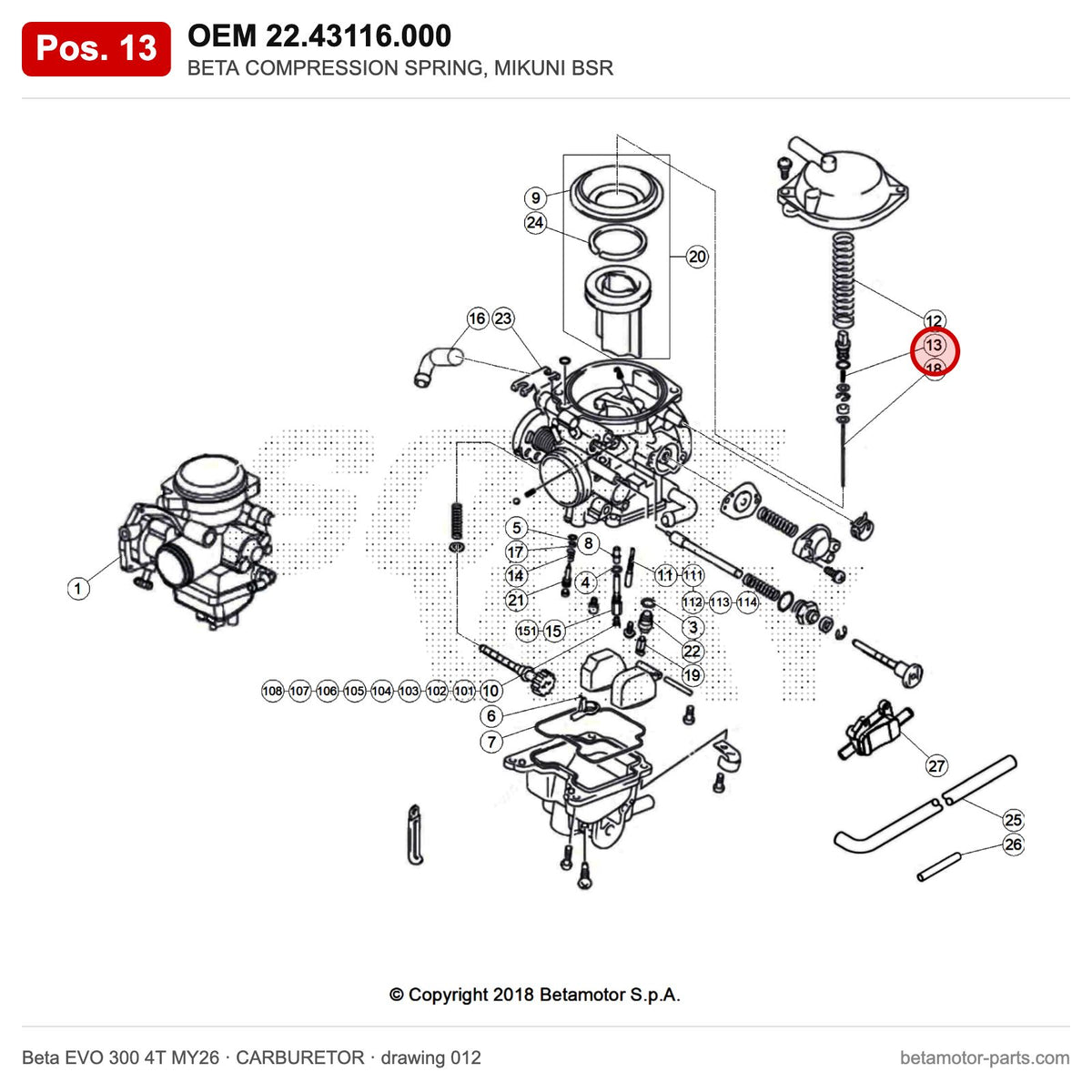 BETA COMPRESSION SPRING, MIKUNI BSR – OEM 22.43116.000, position 13 on the Beta EVO 300 4T MY26 carburetor drawing