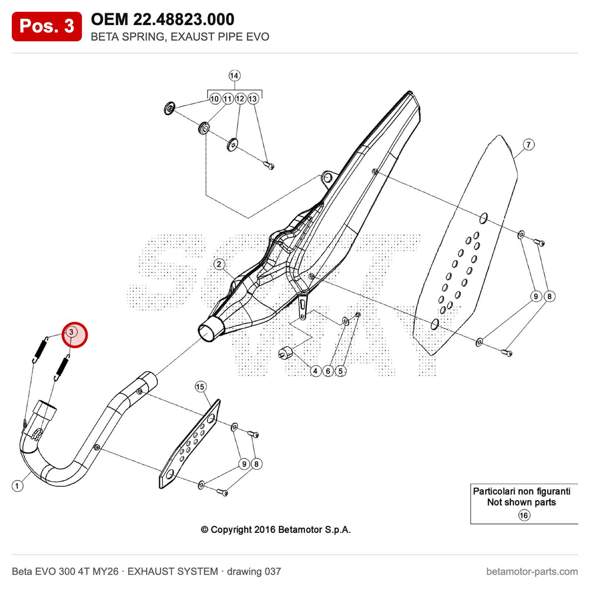 BETA SPRING, EXAUST PIPE EVO – OEM 22.48823.000, position 3 on the Beta EVO 300 4T MY26 exhaust system drawing