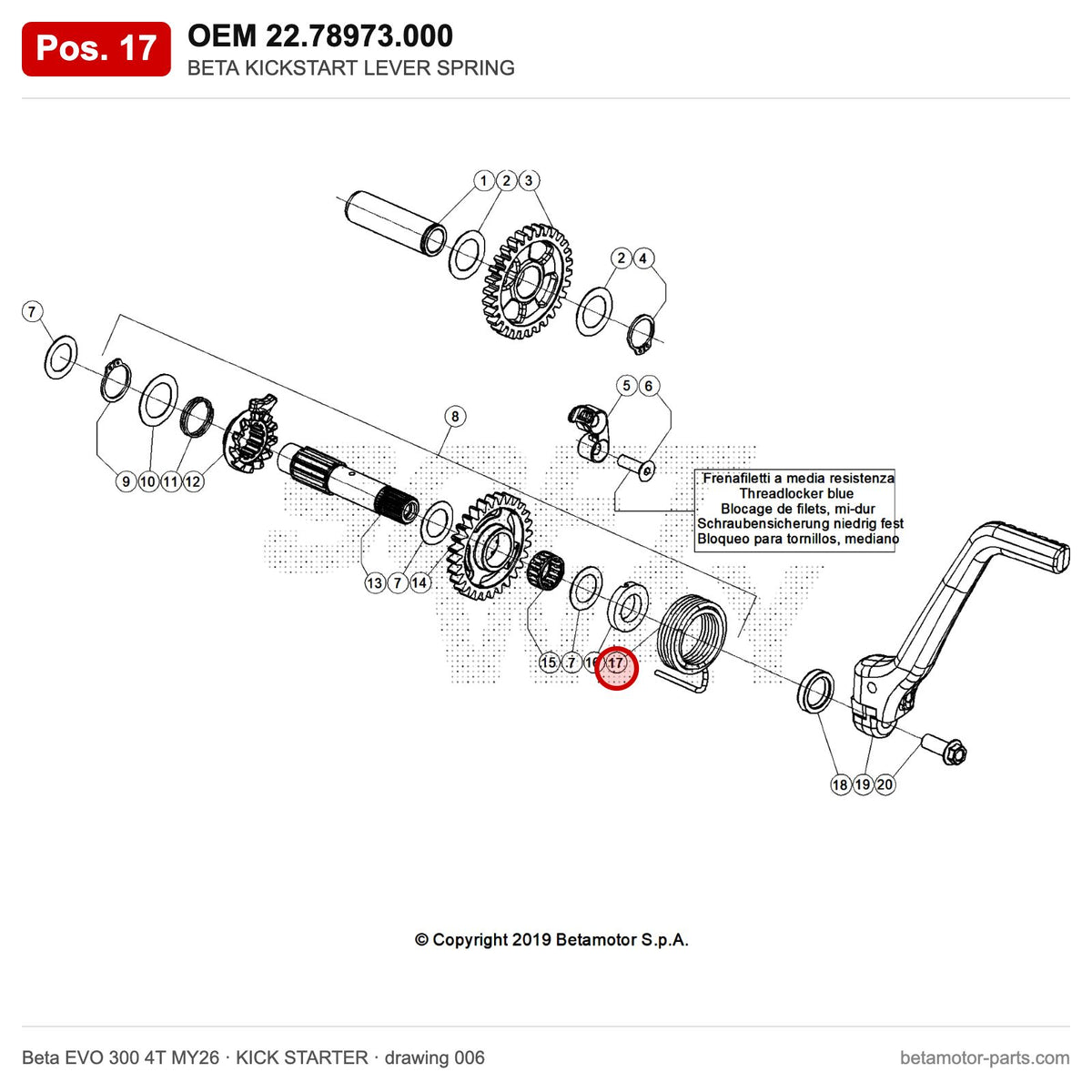 BETA KICKSTART LEVER SPRING – OEM 22.78973.000, position 17 on the Beta EVO 300 4T MY26 kick starter drawing