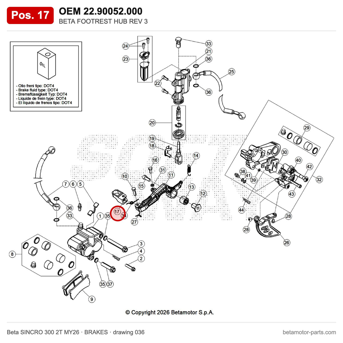 BETA FOOTREST HUB REV 3 – OEM 22.90052.000, position 17 on the Beta SINCRO 300 2T MY26 brakes drawing