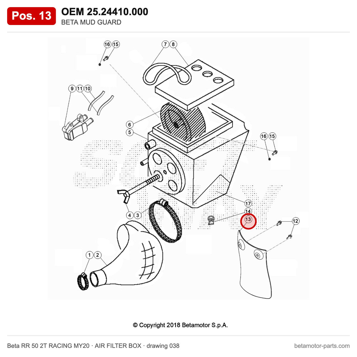 BETA MUD GUARD – OEM 25.24410.000, position 13 on the Beta RR 50 2T RACING MY20 air filter box drawing