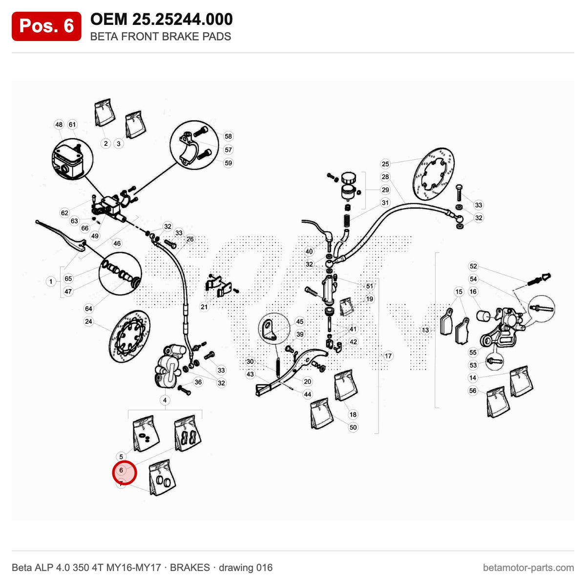 BETA FRONT BRAKE PADS – OEM 25.25244.000, position 6 on the Beta ALP 4.0 350 4T MY16-MY17 brakes drawing