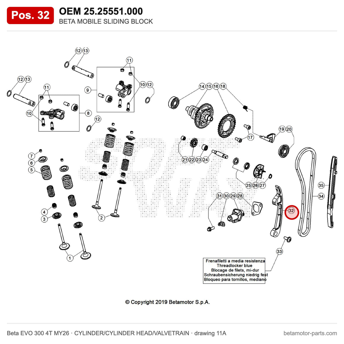 BETA MOBILE SLIDING BLOCK – OEM 25.25551.000, position 32 on the Beta EVO 300 4T MY26 cylinder/cylinder head/valvetrain drawing