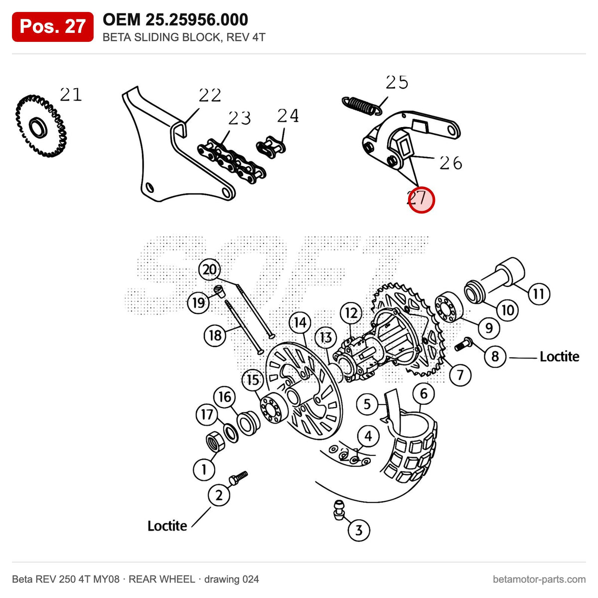 BETA SLIDING BLOCK, REV 4T – OEM 25.25956.000, position 27 on the Beta REV 250 4T MY08 rear wheel drawing