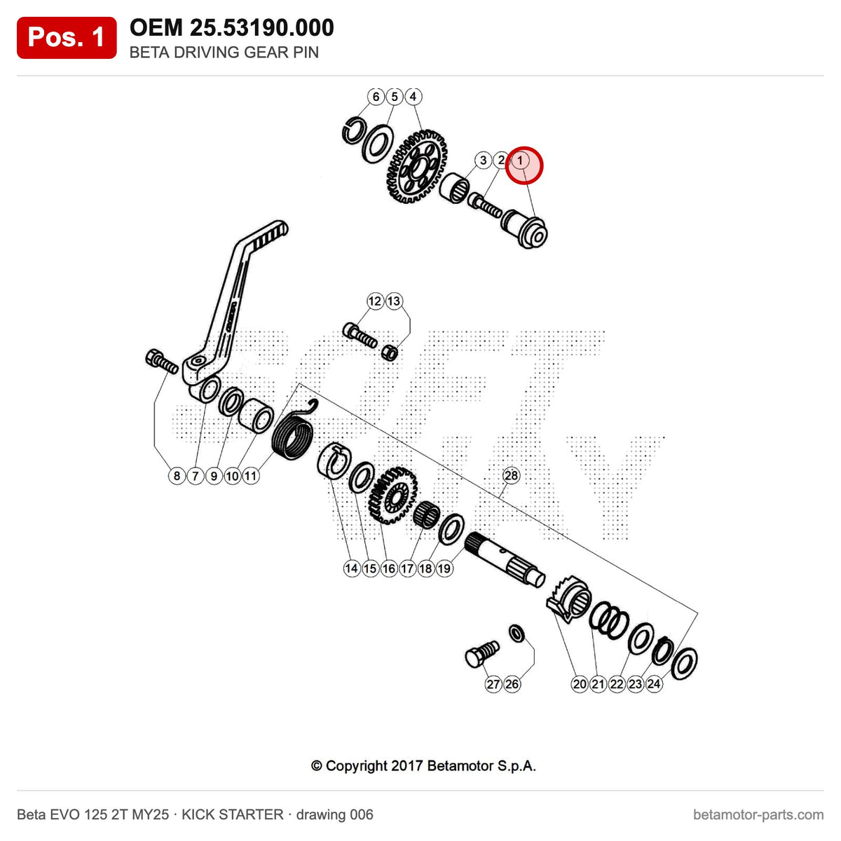 BETA DRIVING GEAR PIN – OEM 25.53190.000, position 1 on the Beta EVO 125 2T MY25 kick starter drawing