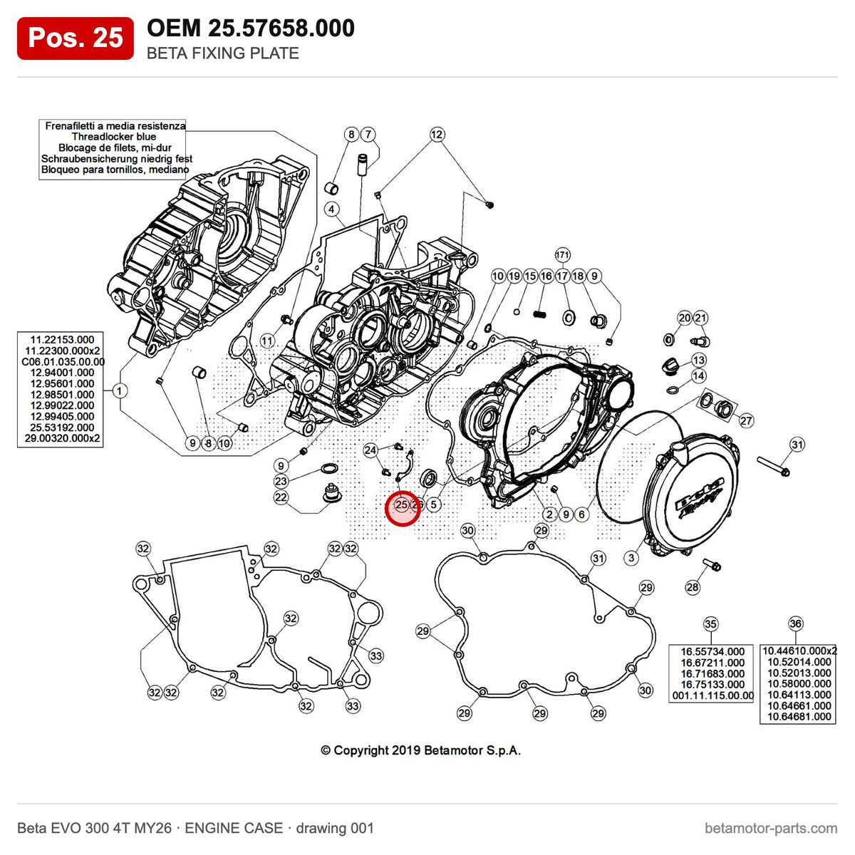 BETA FIXING PLATE – OEM 25.57658.000, position 25 on the Beta EVO 300 4T MY26 engine case drawing
