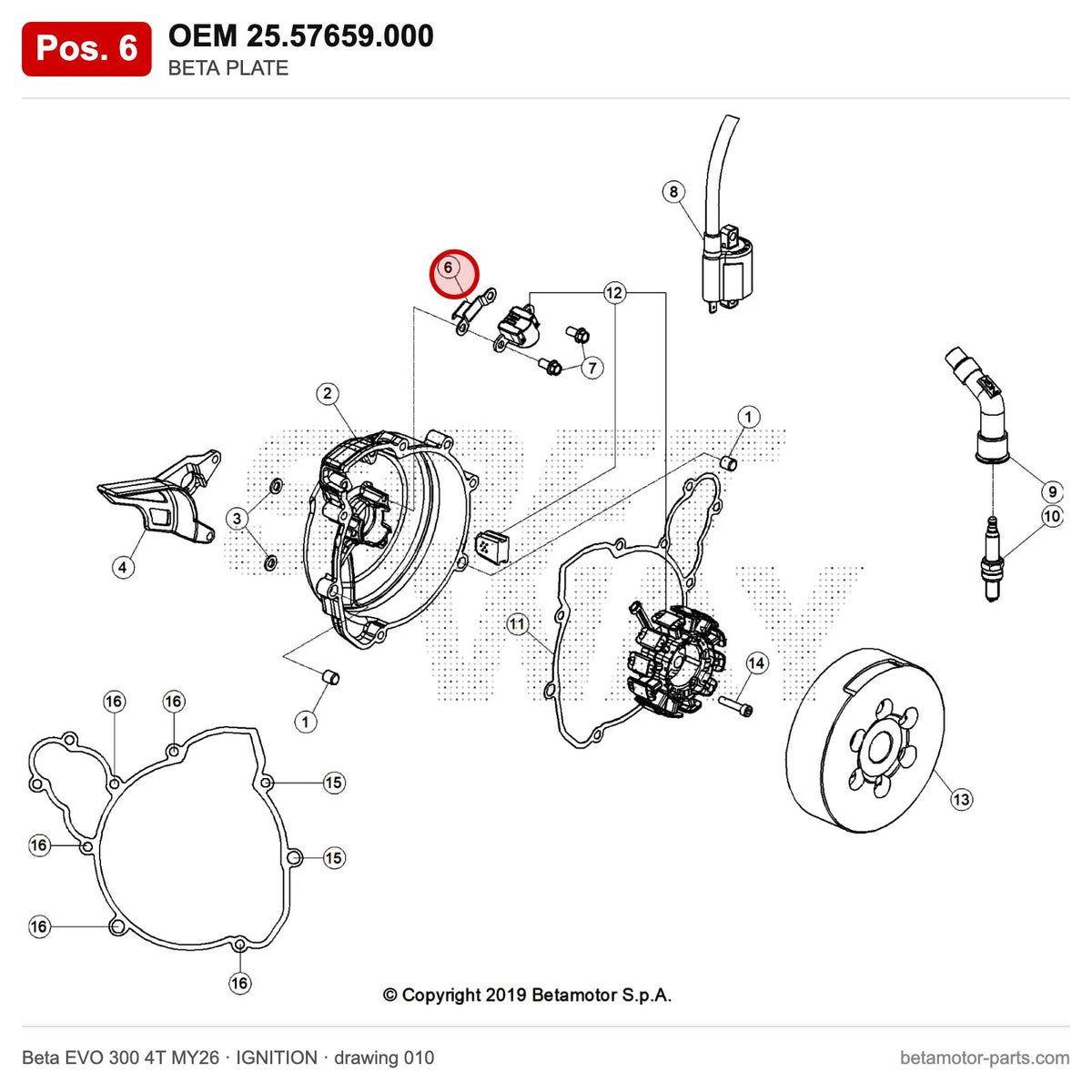 BETA PLATE – OEM 25.57659.000, position 6 on the Beta EVO 300 4T MY26 ignition drawing
