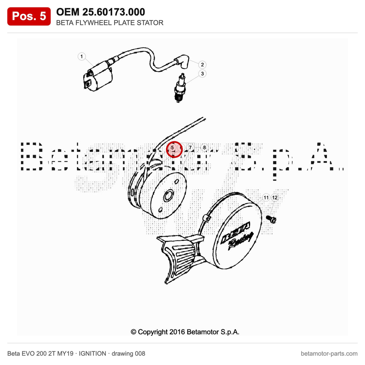 BETA FLYWHEEL PLATE STATOR – OEM 25.60173.000, position 5 on the Beta EVO 200 2T MY19 ignition drawing